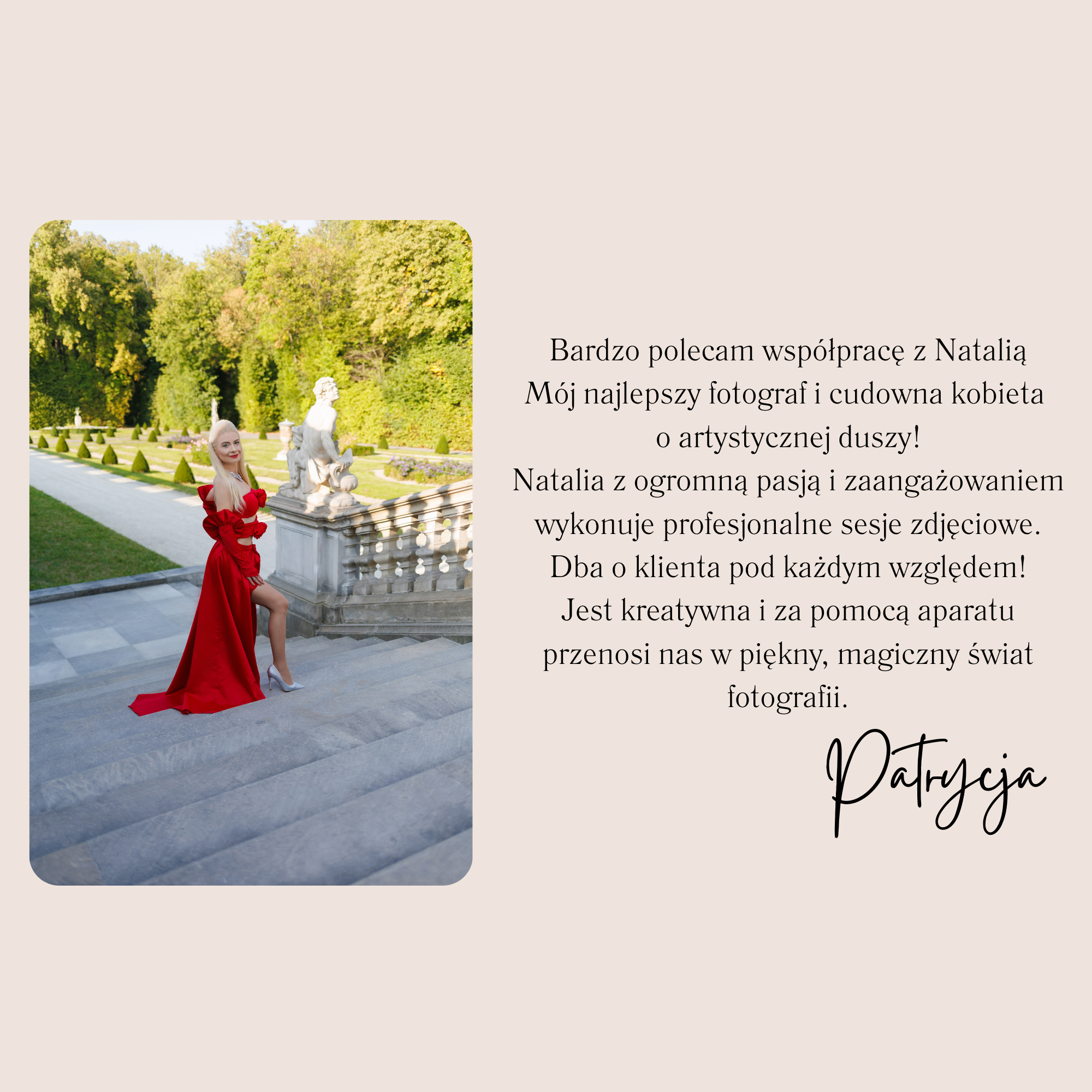 Serdecznie polecam sesję zdjęciową u Natalii. To jedno z najlepszych doświadczeń w kontaktach mędzyludzkich jakie mnie ostatnio spotkało Zgłosiłam się niemal w ostatniej chwili, potrzebując zdjęć